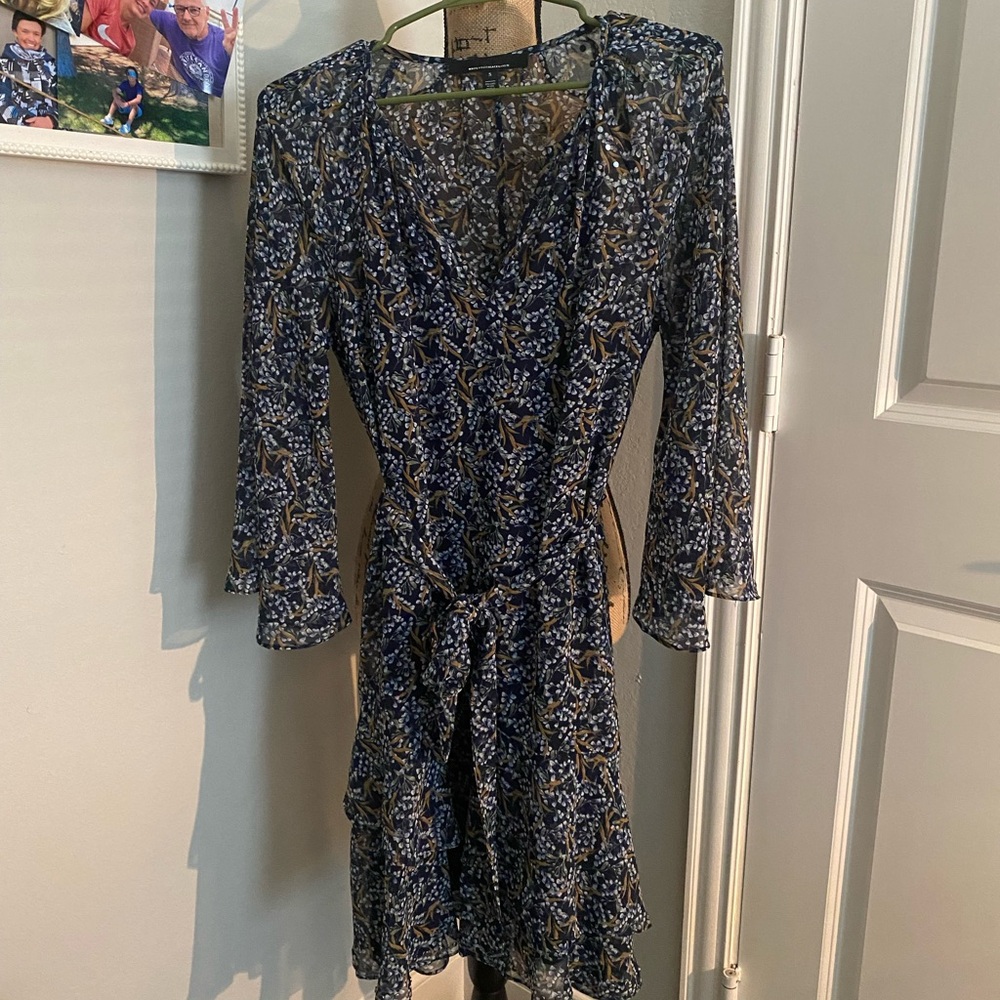 White House Black Market Navy Patterned Long Sleeve Dress